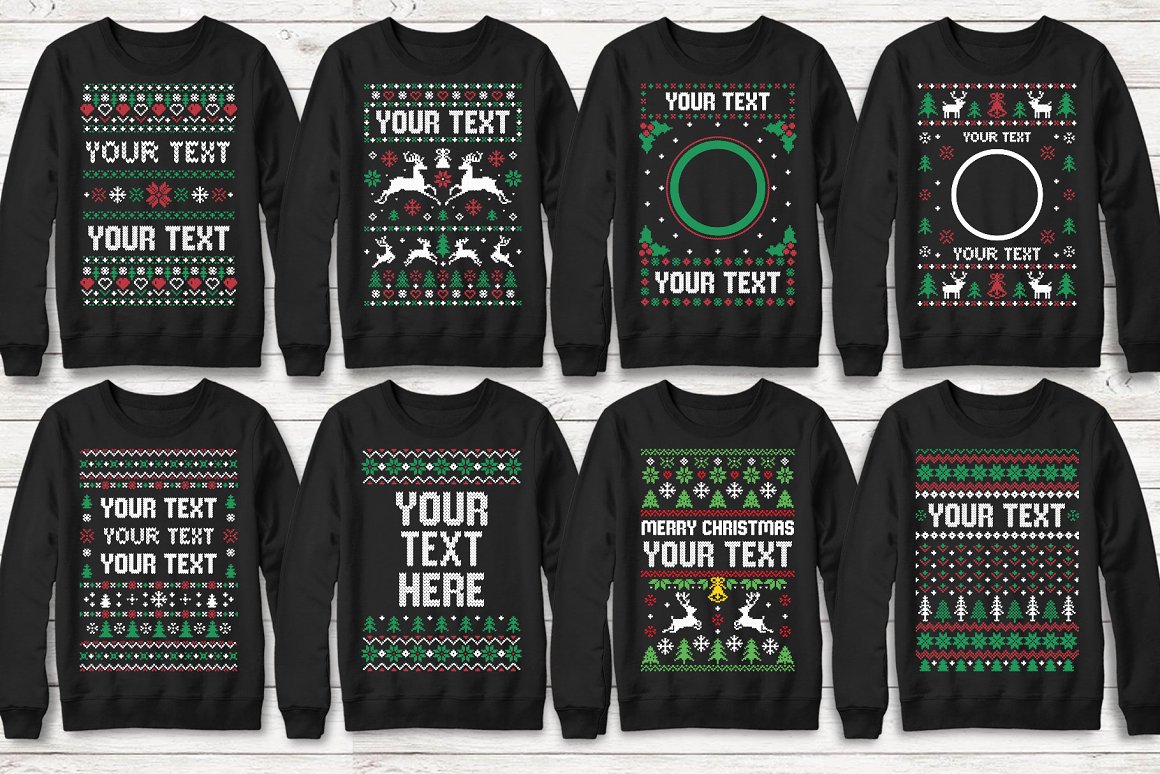 Sweatshirts with colorful Christmas prints.