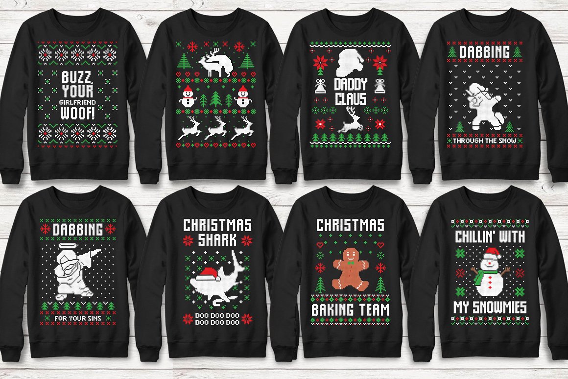 Sweatshirts with colorful Christmas prints.