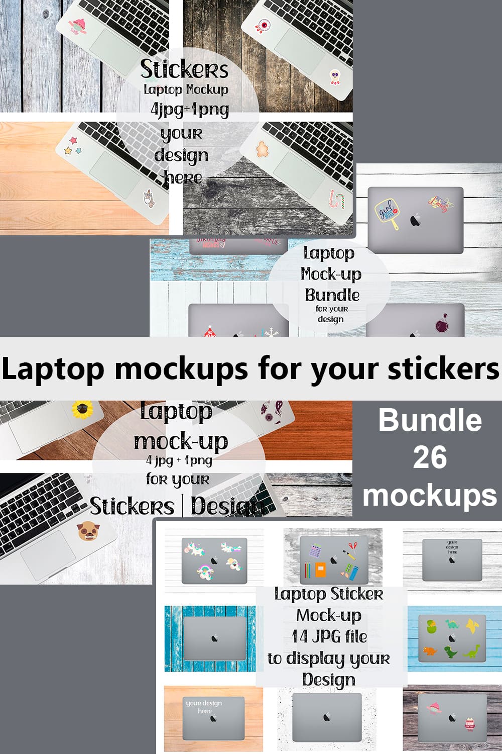 Set of images of laptops with enchanting stickers.
