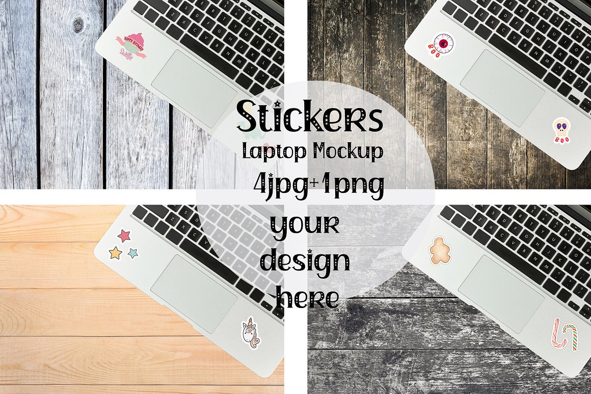 Collection of images of laptops with colorful stickers.