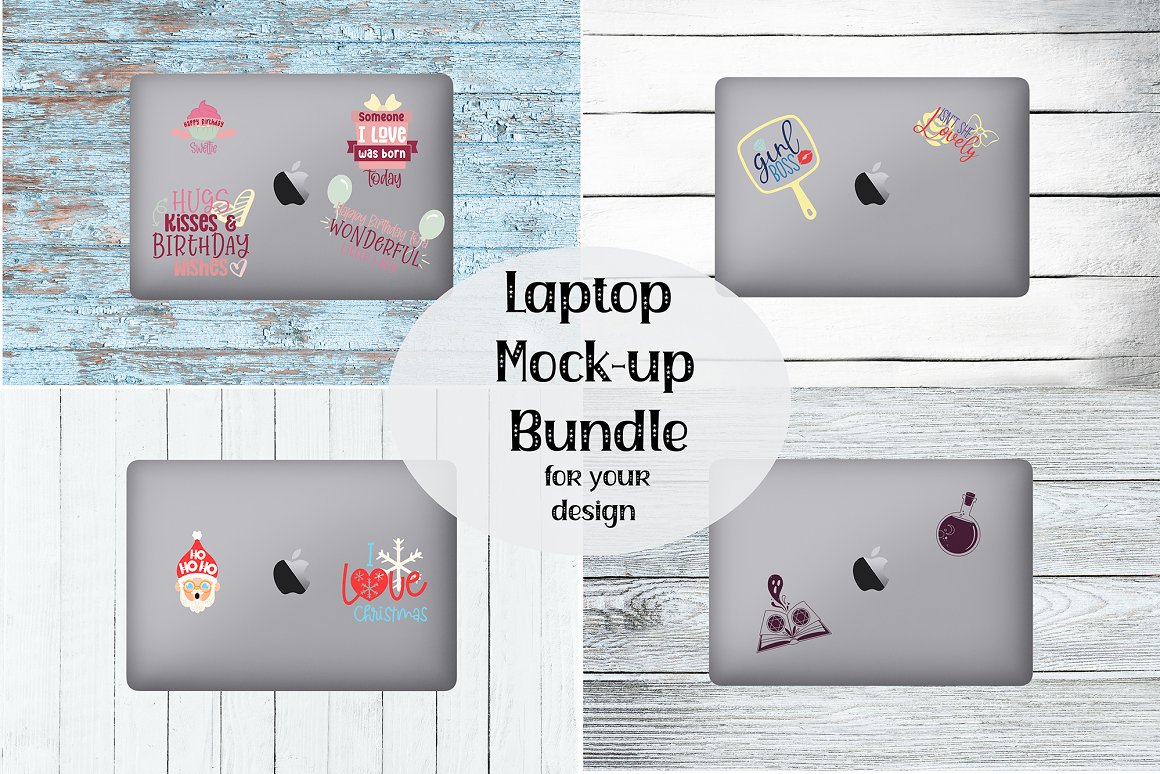 Bundle of laptop images with amazing stickers.