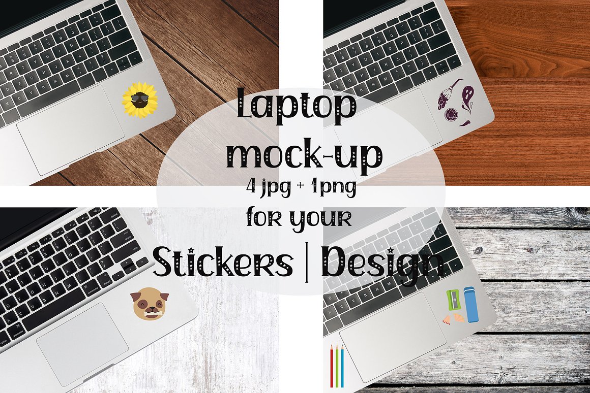 Set of images of laptops with cartoon stickers.