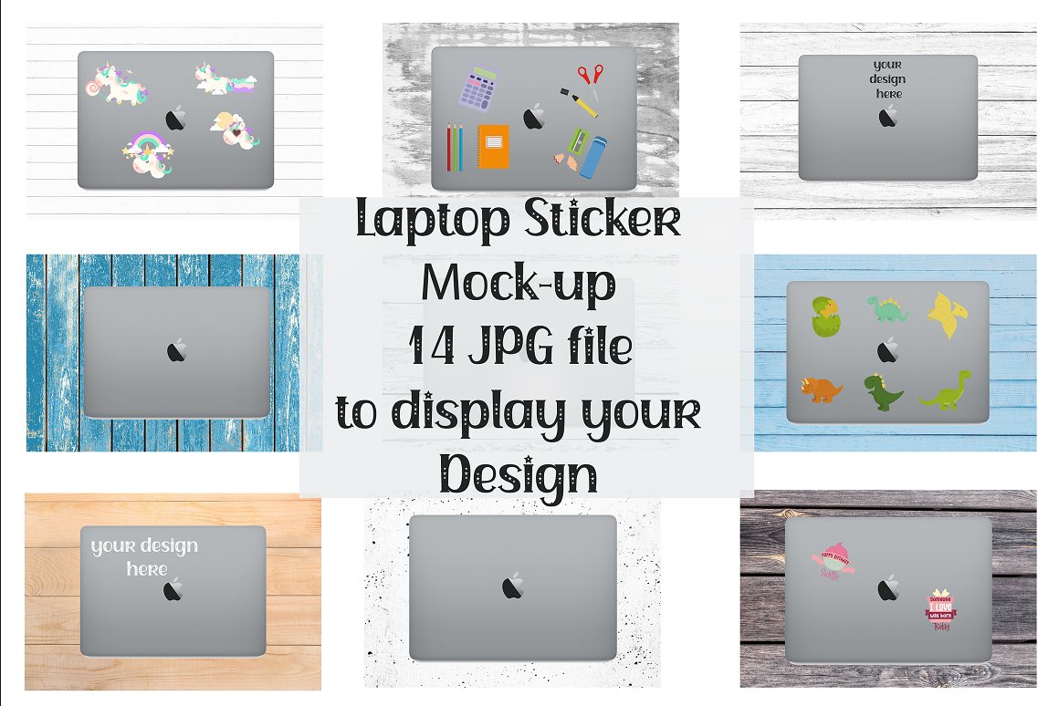 Pack of images of laptops with wonderful stickers.