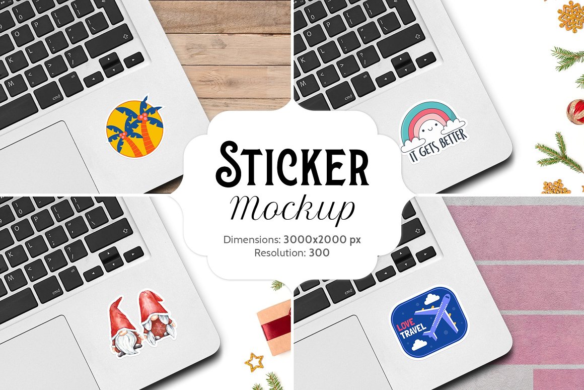 Set of images of laptops with great stickers.