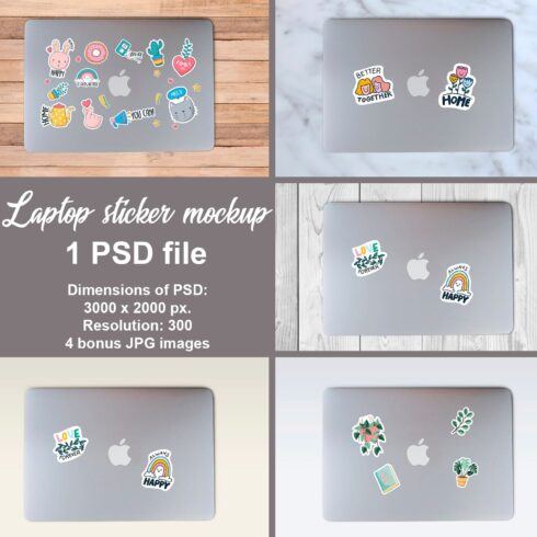 Set of images of laptops with adorable stickers.