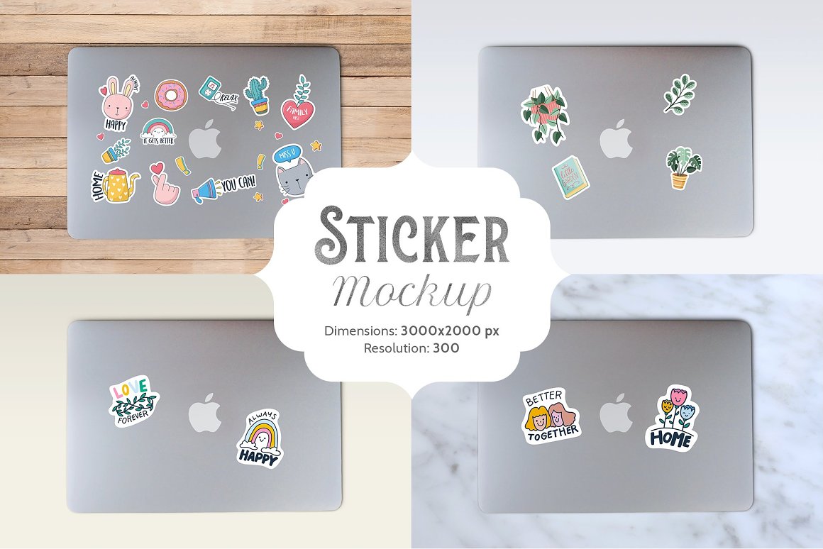 A selection of laptop images with colorful stickers.