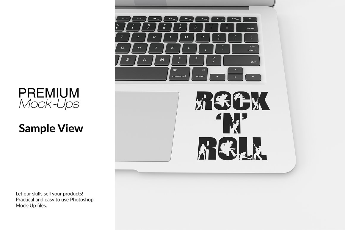 Image of a wonderful sticker in the form of an inscription "Rock n Roll" on a white laptop.