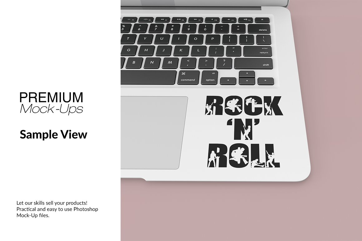 Image of a wonderful sticker in the form of an inscription "Rock n Roll" on a white laptop.
