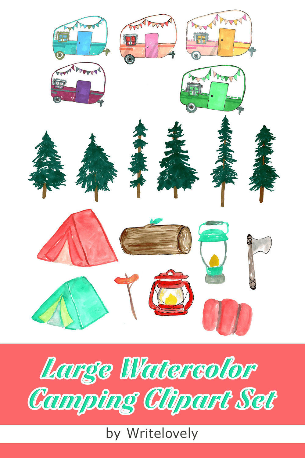 Large watercolor camping clipart set - pinterest image preview.