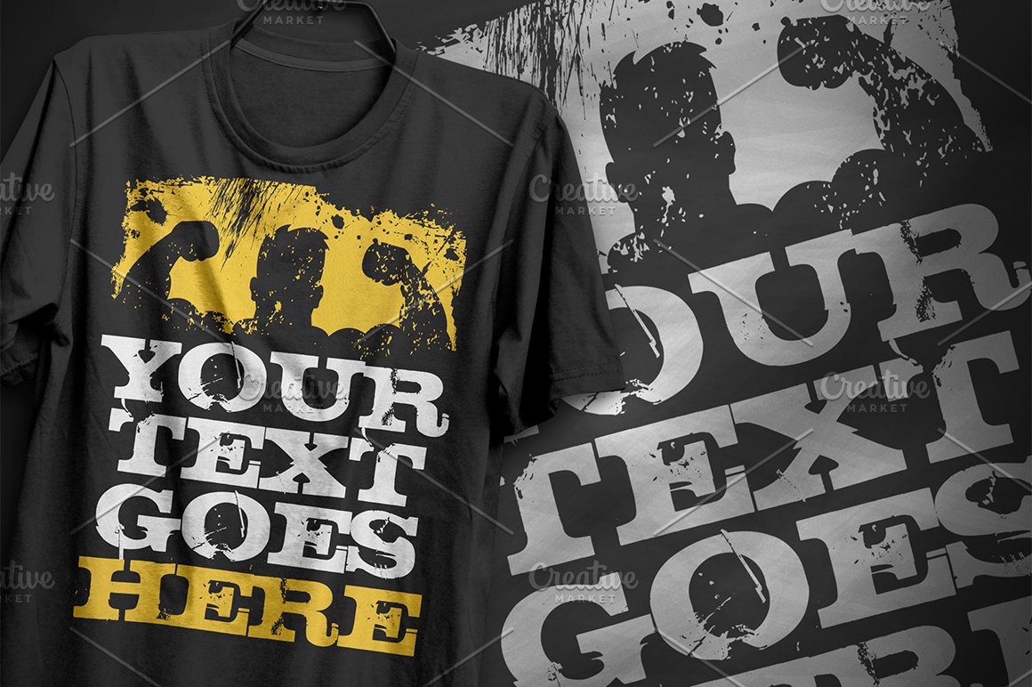 Yellow and white grunge font on a black t-shirt.