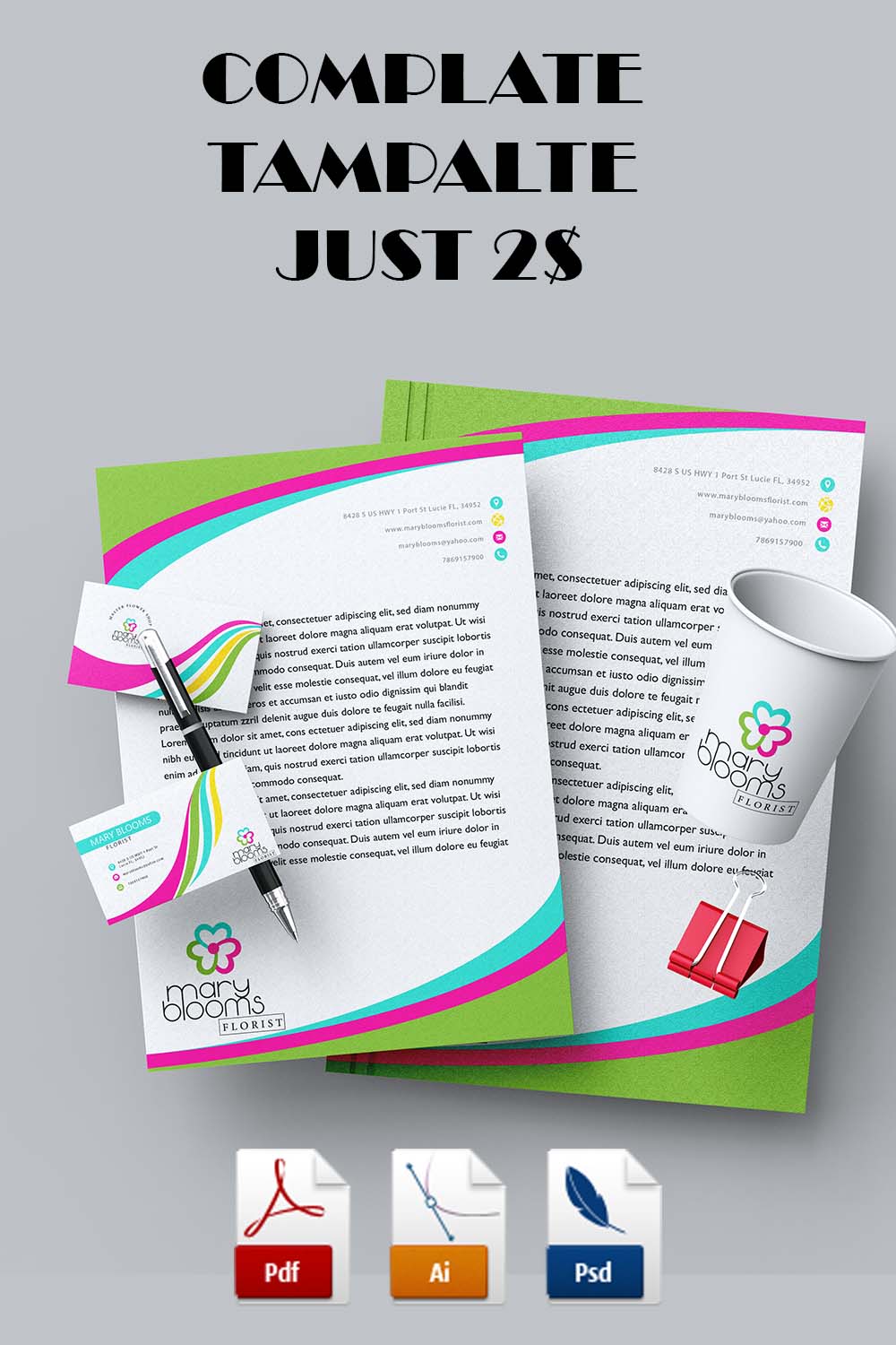 Letterhead with Business Card Template, Invoice and Logo Bundle pinterest image.