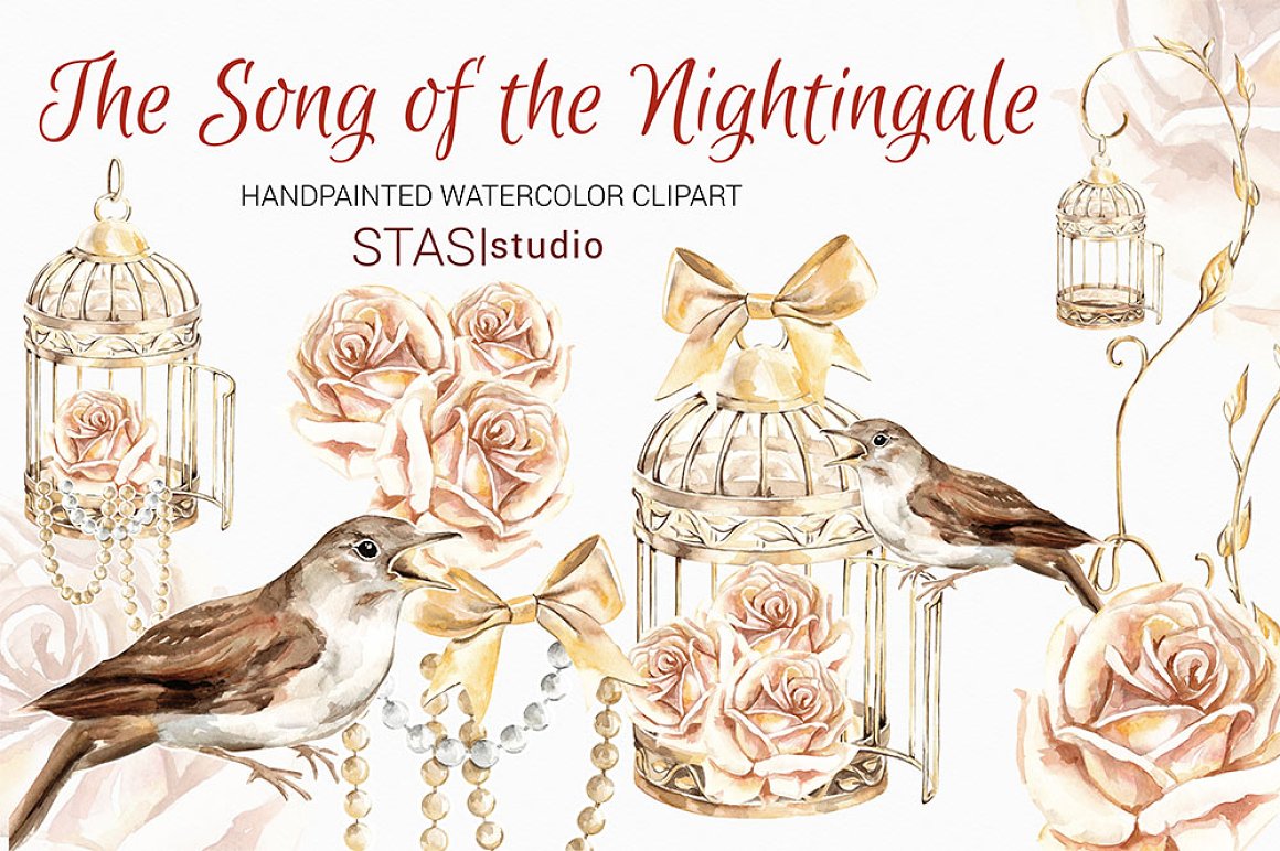 Luxury gold illustration with cages and nightingales.