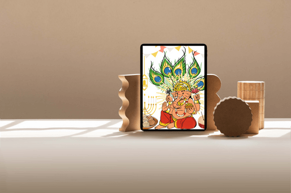 Colorful poster with a lord ganesha illustration.