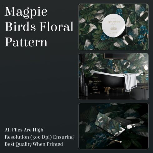 Magpie birds floral pattern - main image preview.