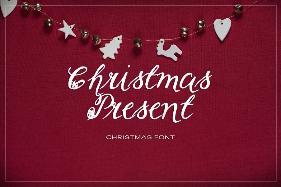 Red background with Christmas decoration and cool festive light font.
