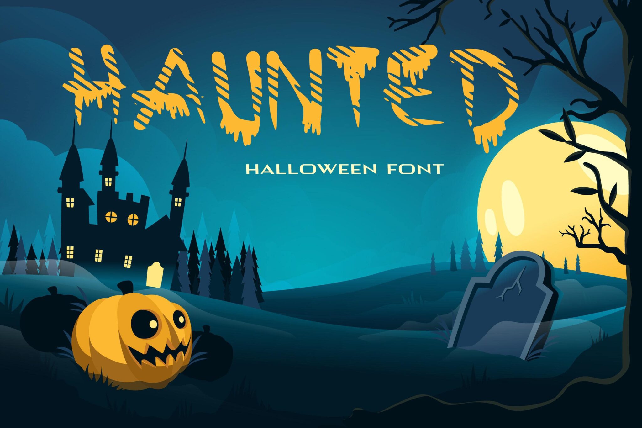 Yellow grunge font on a Halloween background.