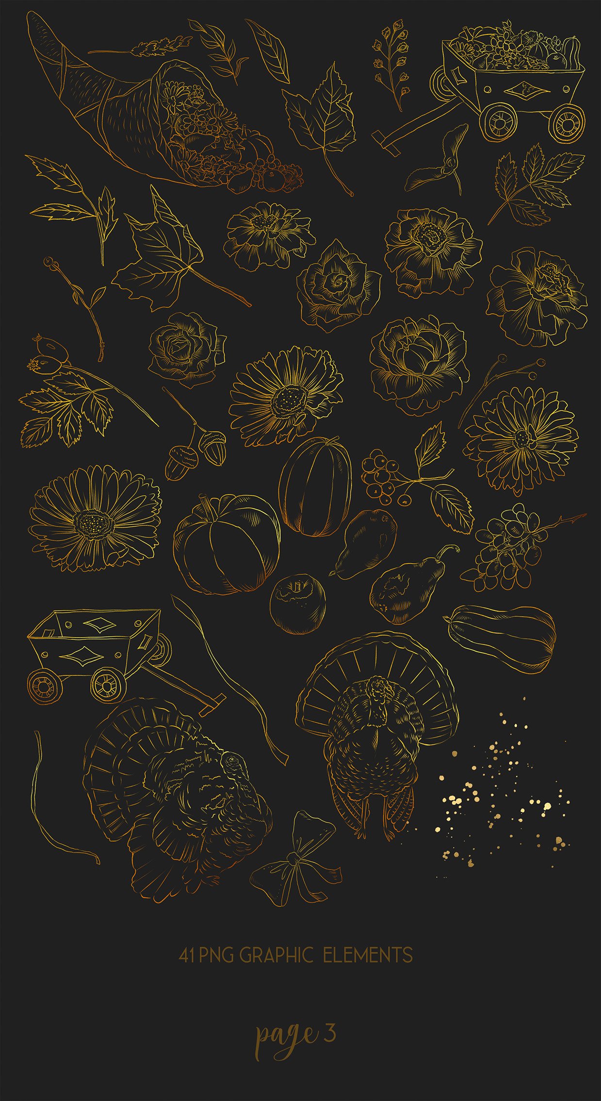 Black background with gold outline autumn elements.