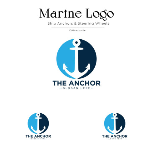 Marine Logo with Ship Anchors and Steering Wheels.