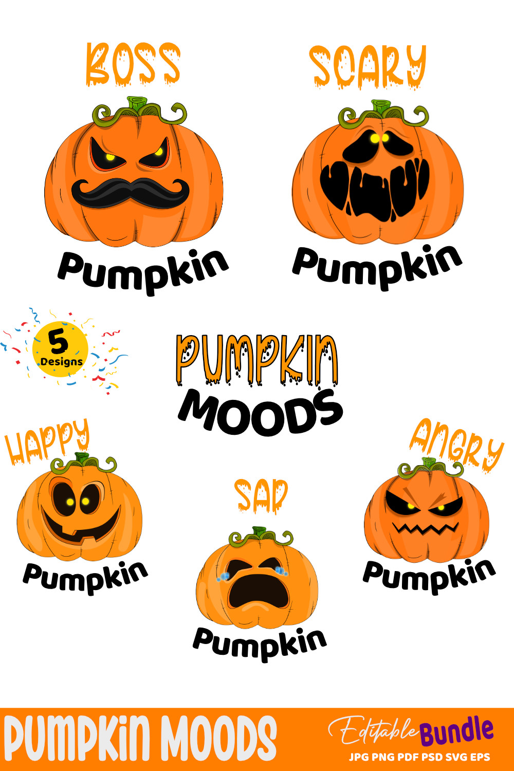 Halloween Pumpkin Moods Bundle – 5 Designs pinterest image.