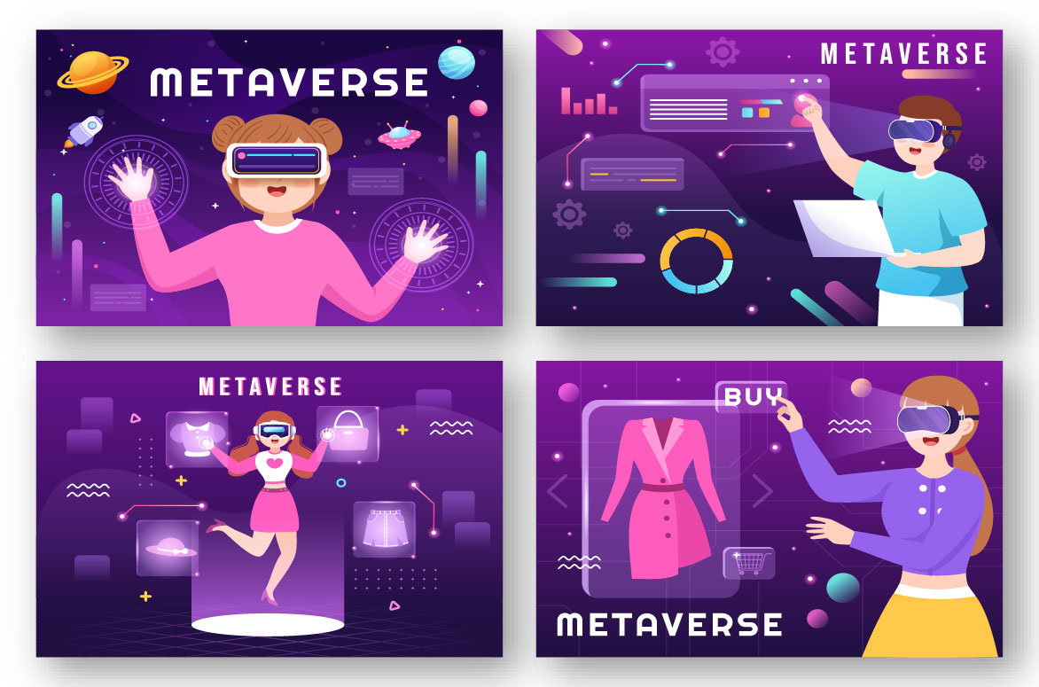 13 Metaverse Digital Virtual Reality Illustration set.