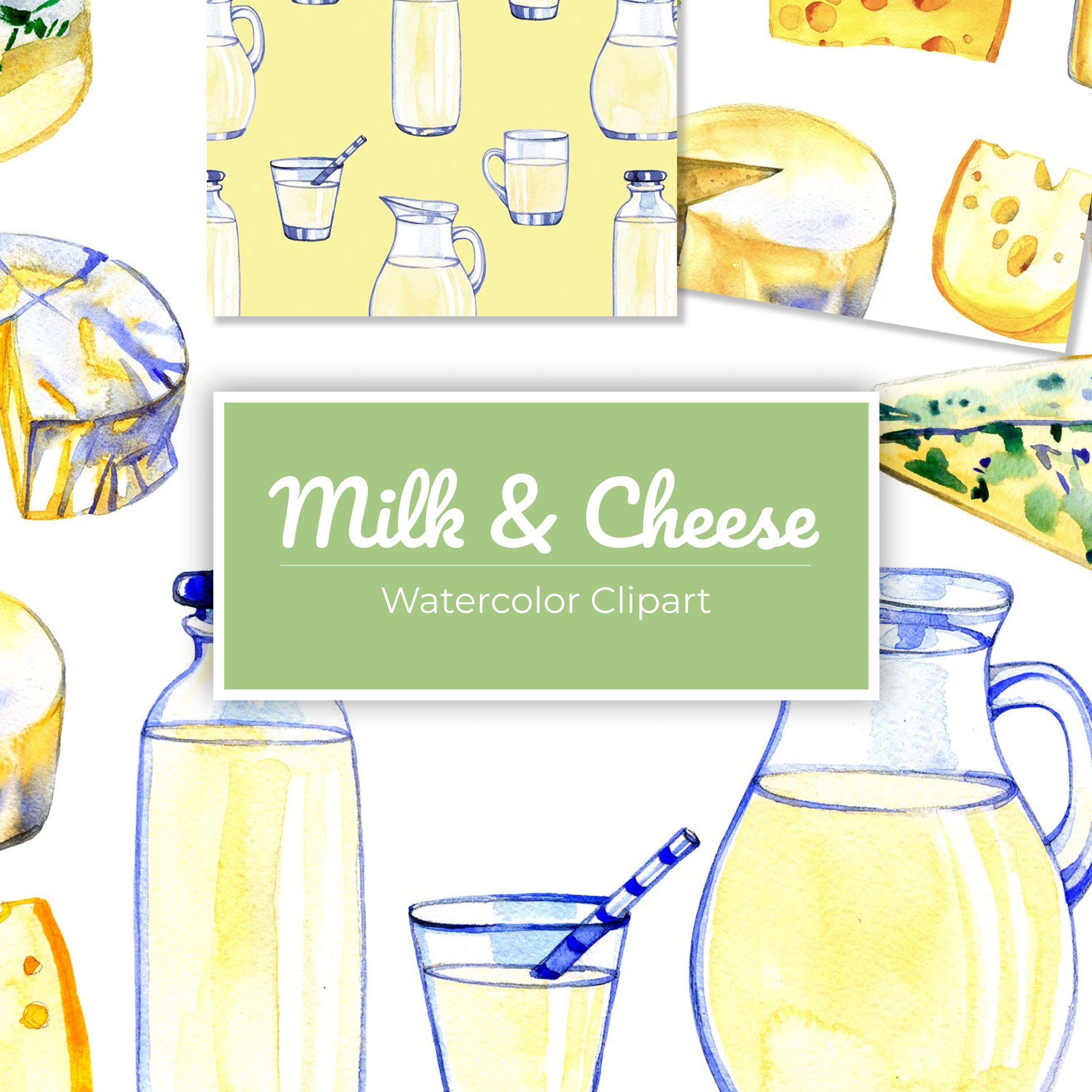 Set of colorful images of milk and hard cheese.