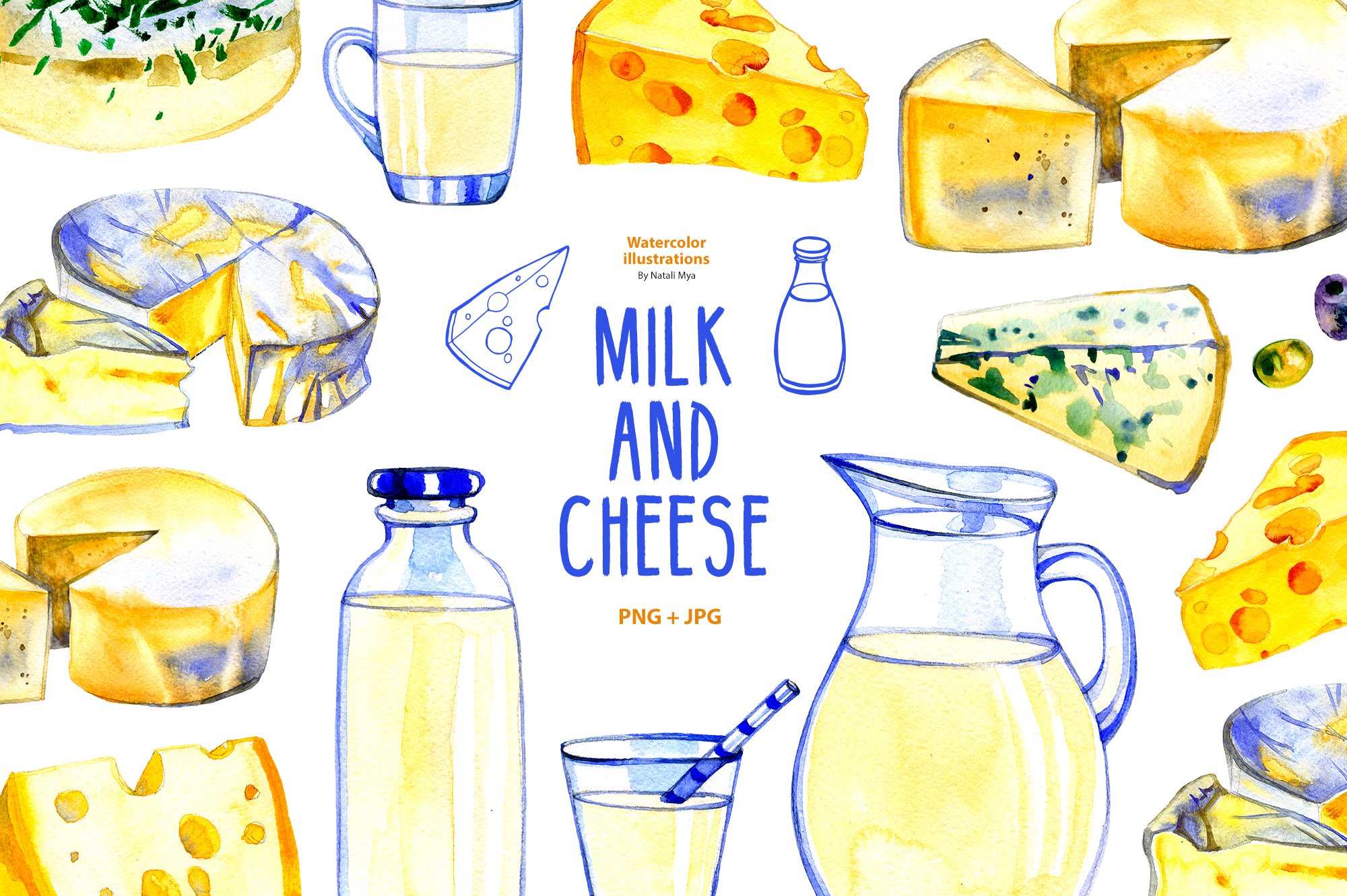 Vibrant hand-drawn watercolor illustrations of cheese and milk.