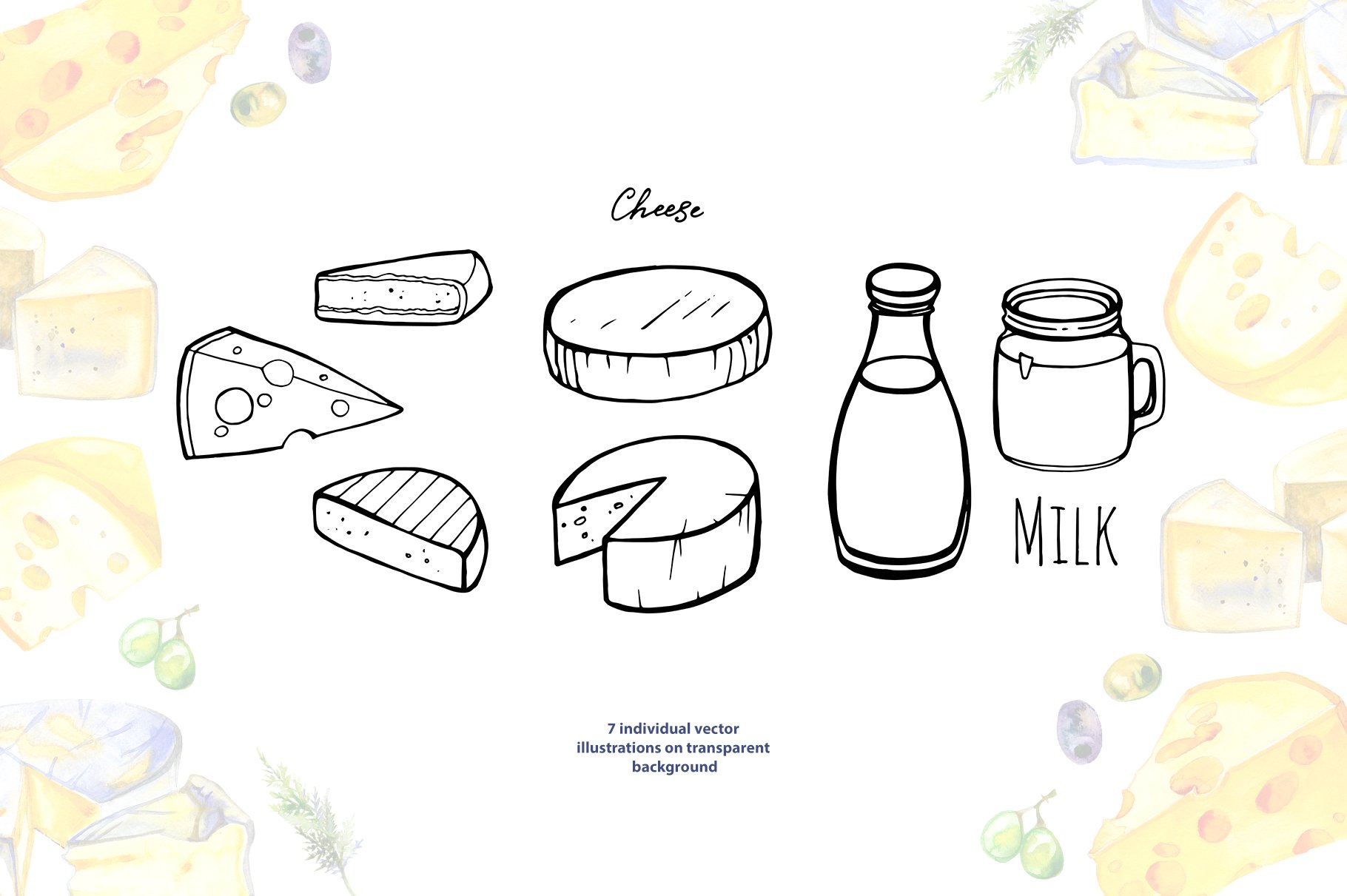 Vector image of hard cheese and milk.