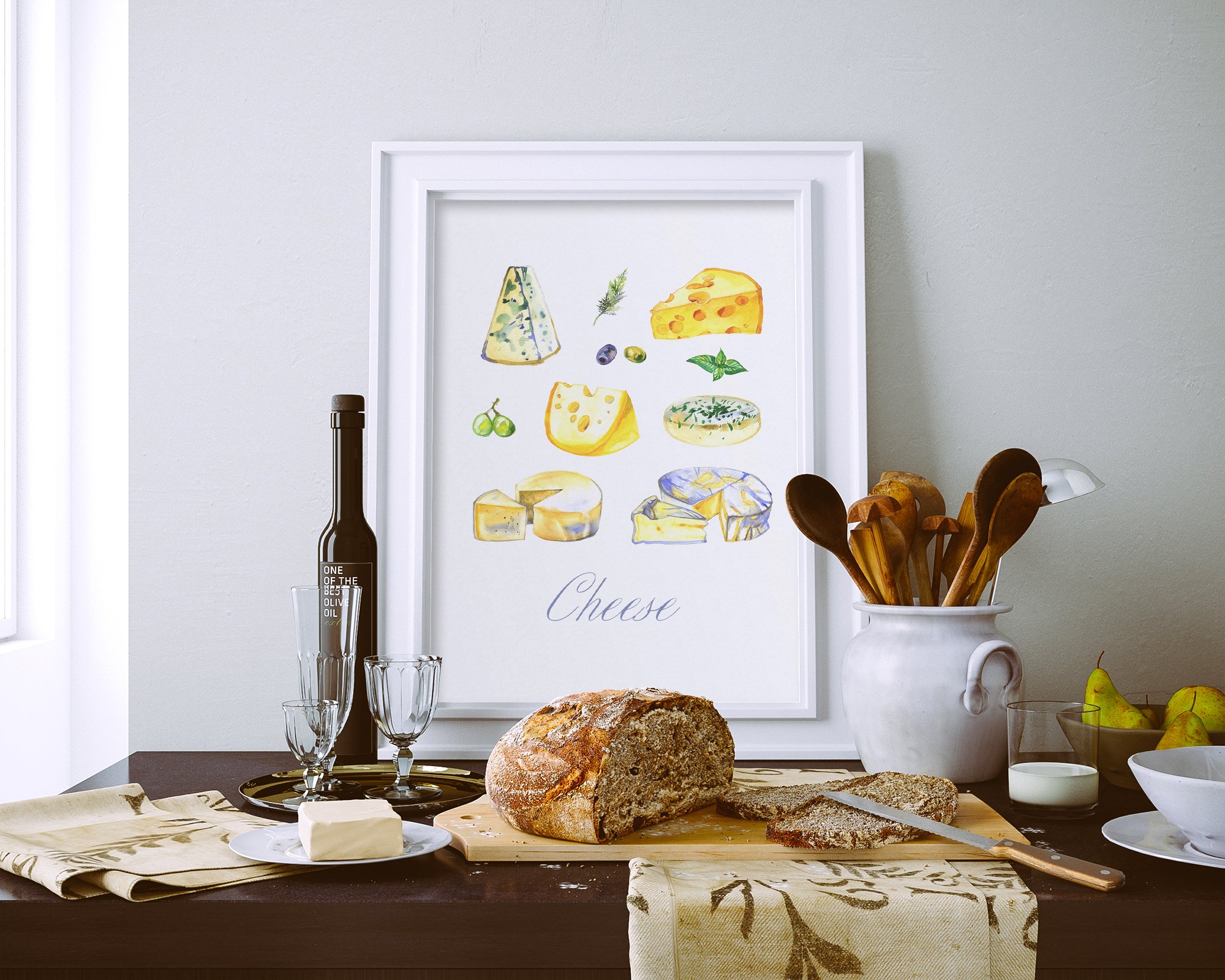 Colorful picture in a white frame with an image of different types of cheese.