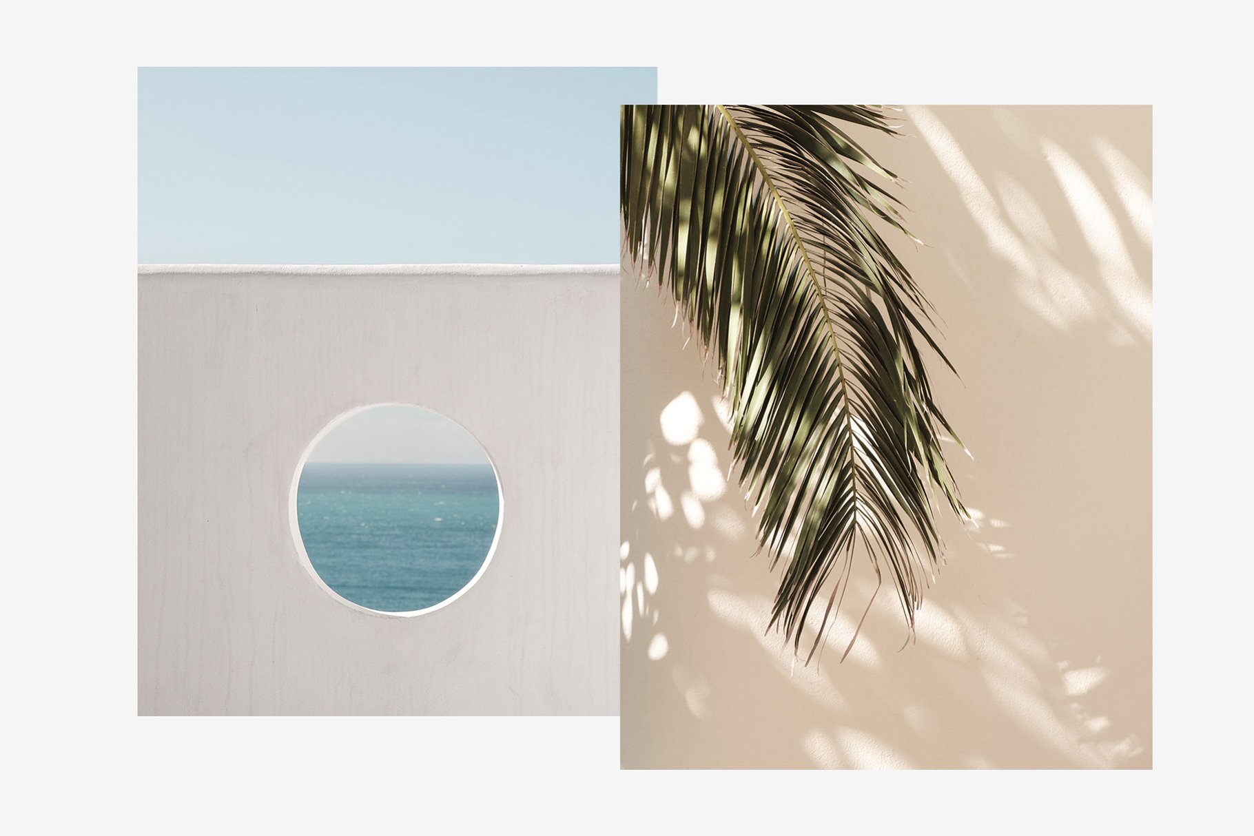 2 minimalist photos - balcony overlooking the sea and palm tree.