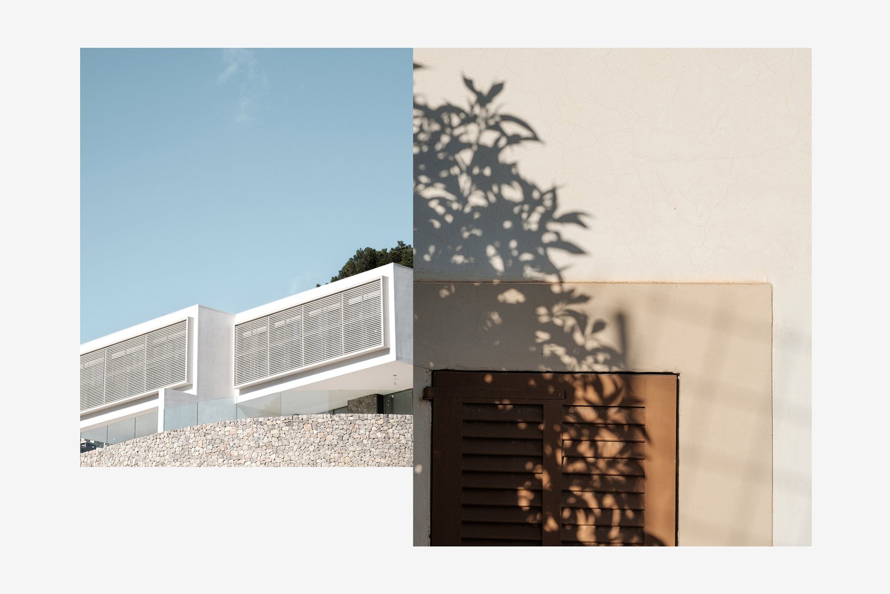 2 minimalist photos - facade of the building against the sky, a window with a wooden insert and a shadow from a plant.
