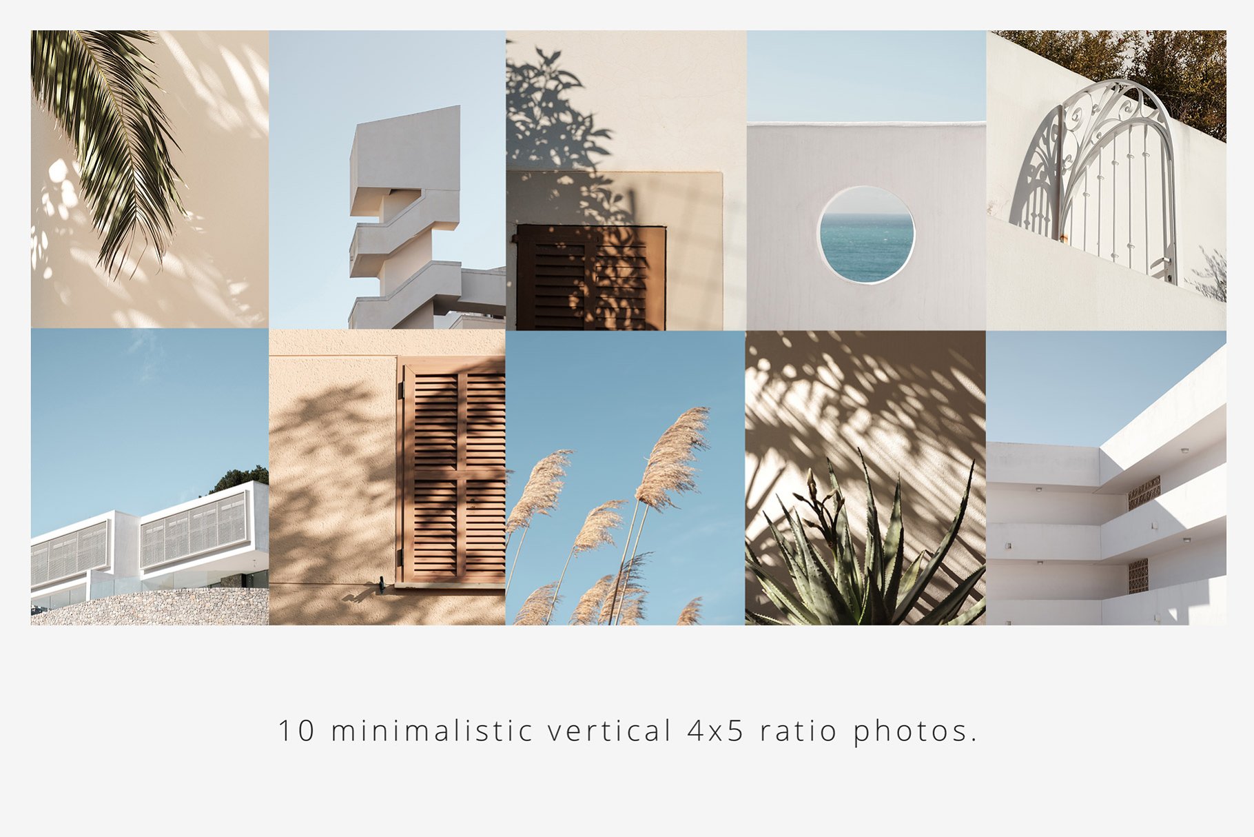 The lettering "10 minimalistic vertical 4x5 ratio photos" and 10 minimalist photos in light blue and light pink tones.