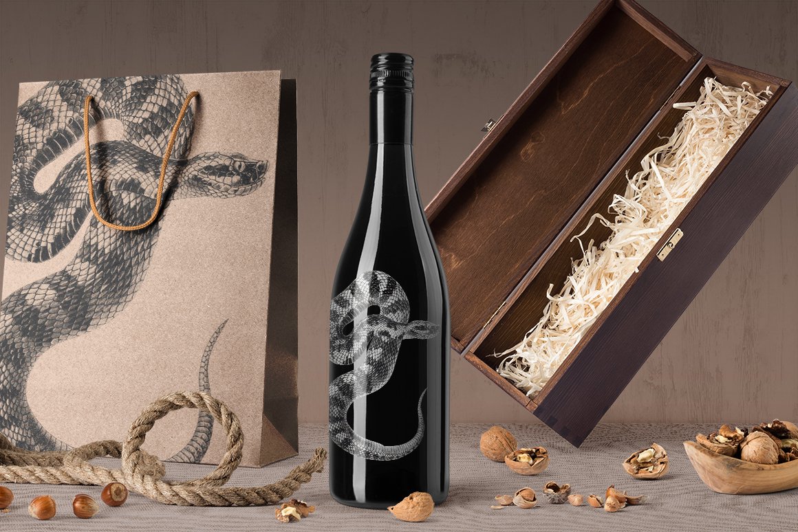 Wine bottles with vintage image moccasin snake.