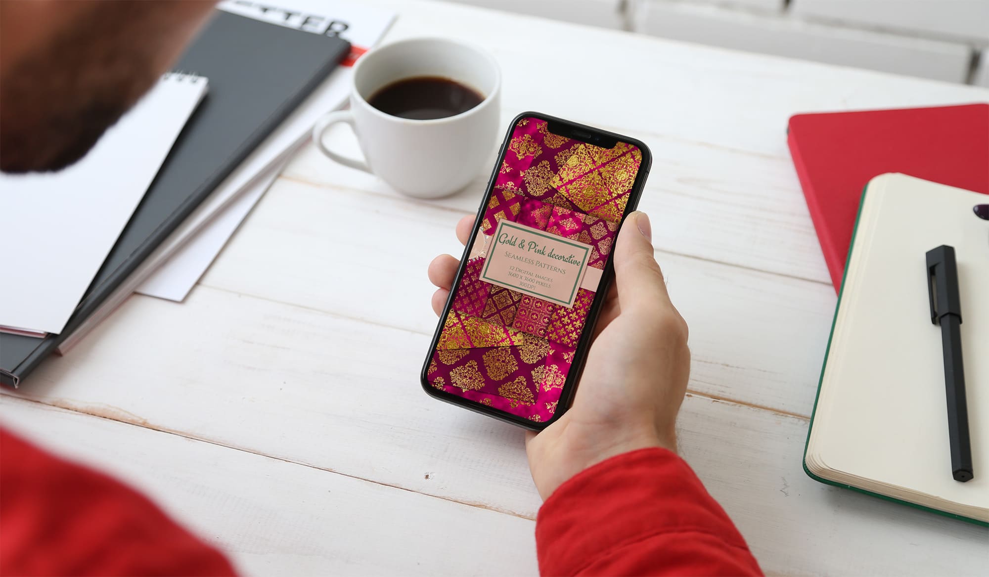 Digital paper - Pink & Gold Damask on the IPhone Mockup.