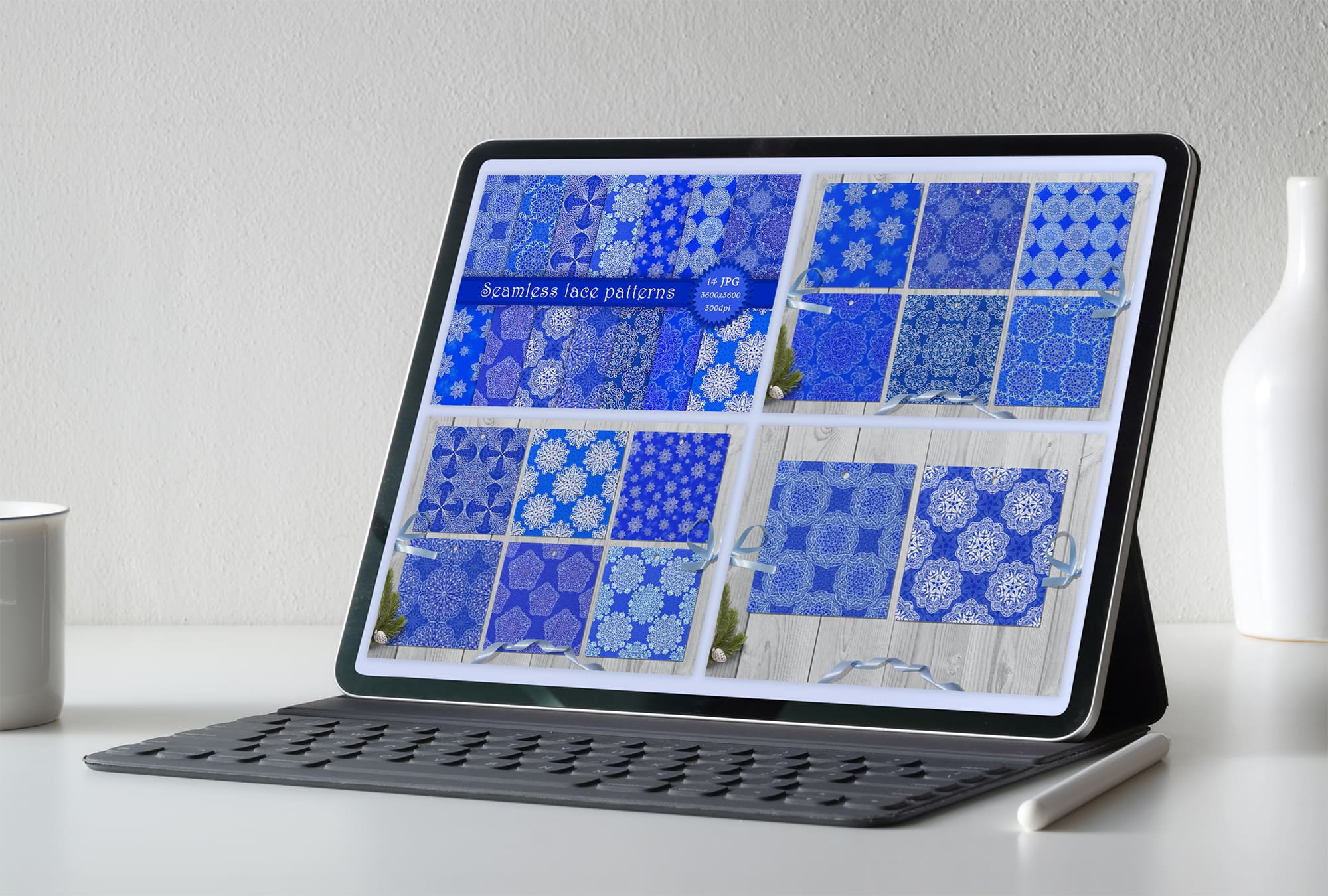 An example of iPad mockup with 4 different seamless patterns in blue and white.