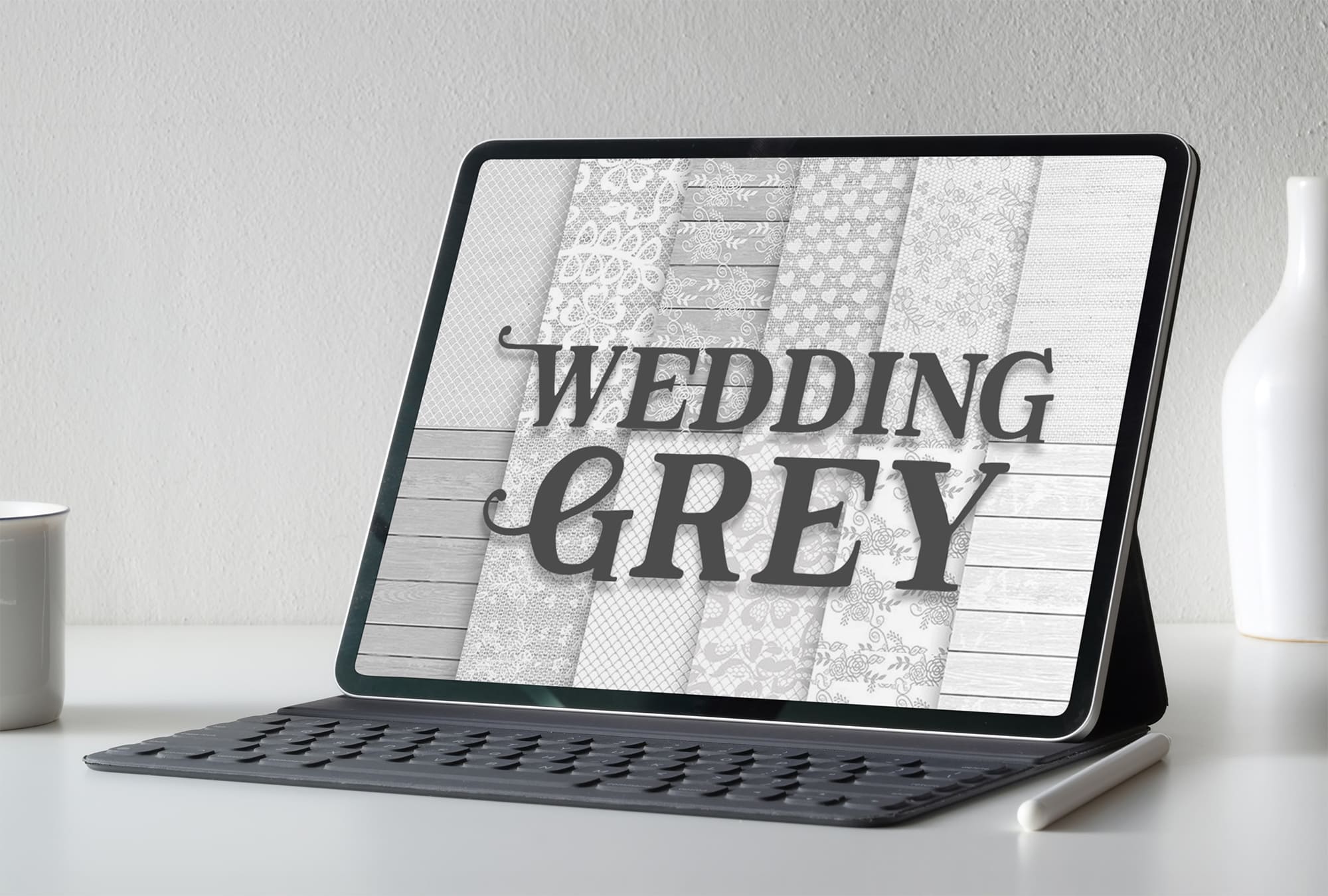 Grey Wedding Digital Paper Pack on the IPad Mockup.