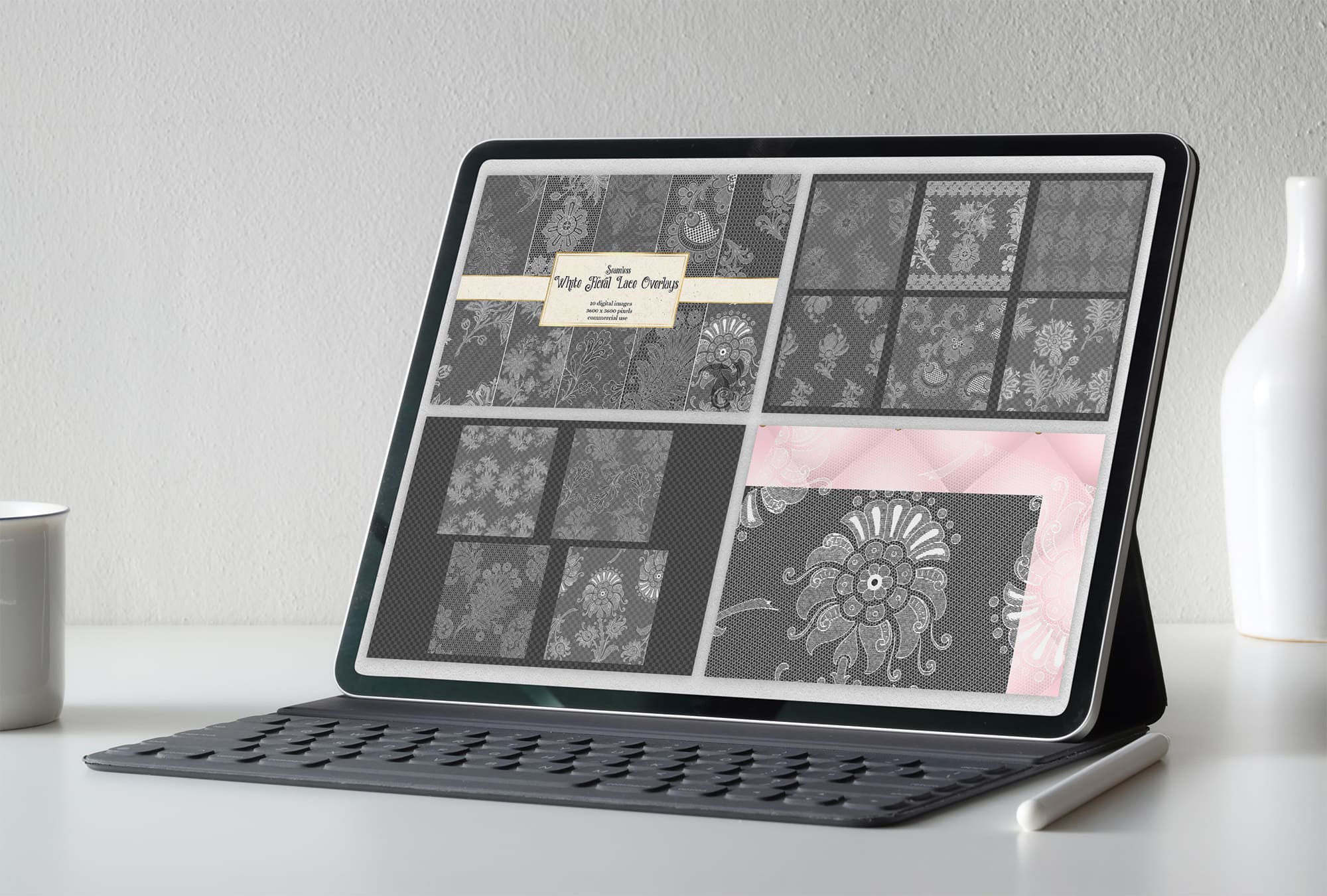 White Floral Lace Overlays on the IPad Mockup.