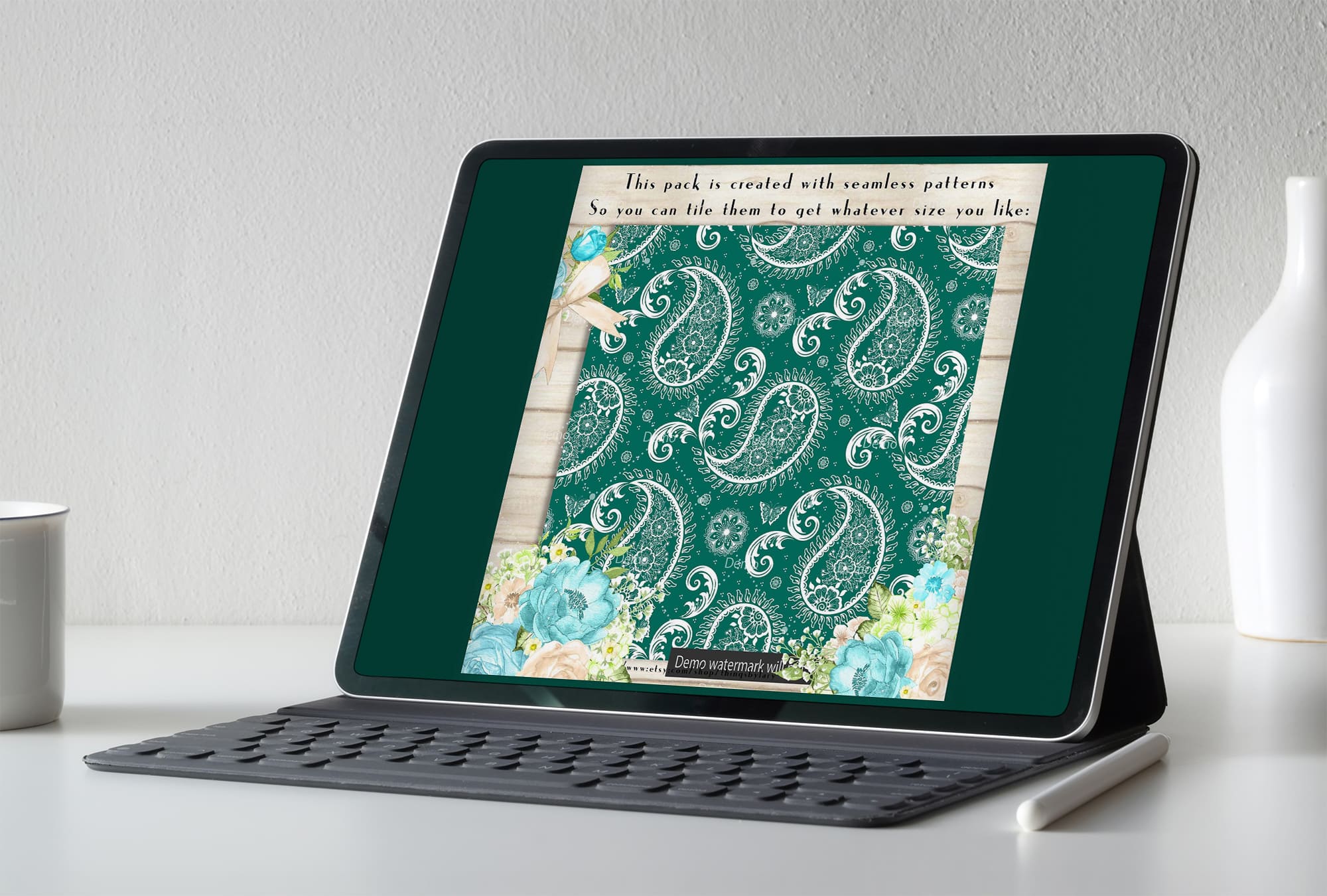 100 Seamless White Lace Paisley Digital Papers on the IPad Mockup.