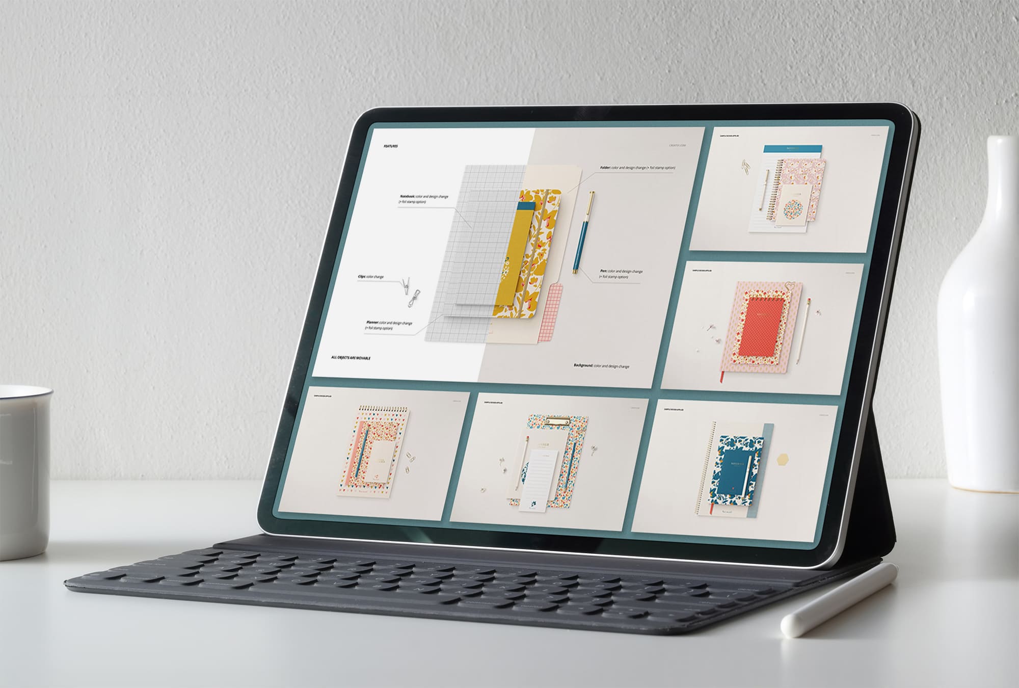 Tablet on screen with images of lovely stationery mockup.