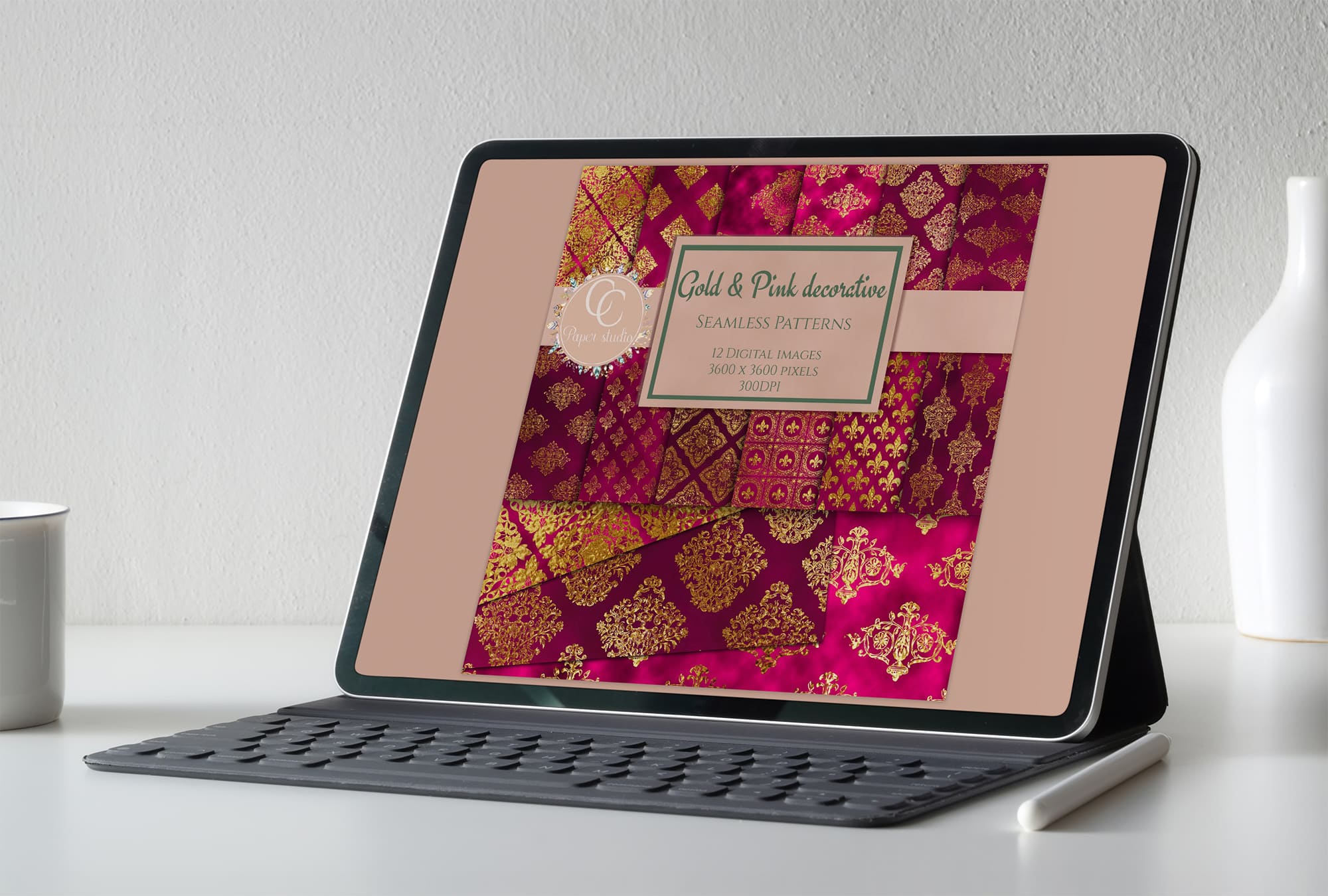 Digital paper - Pink & Gold Damask on the IPad Mockup.