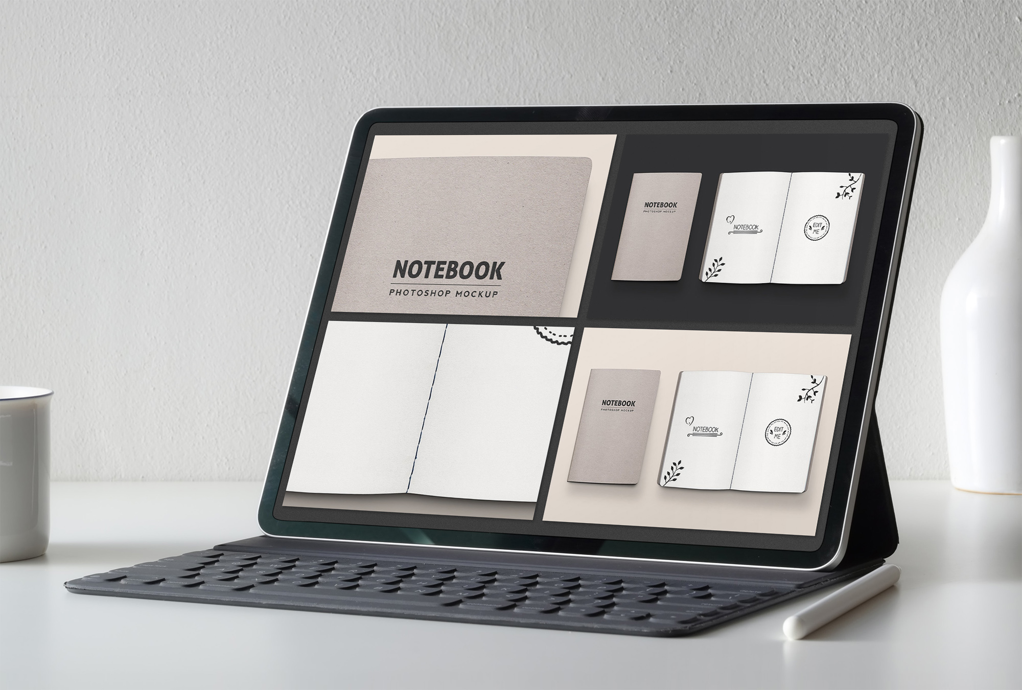Tablet on screen with images of lovely stitched notebook mockup.