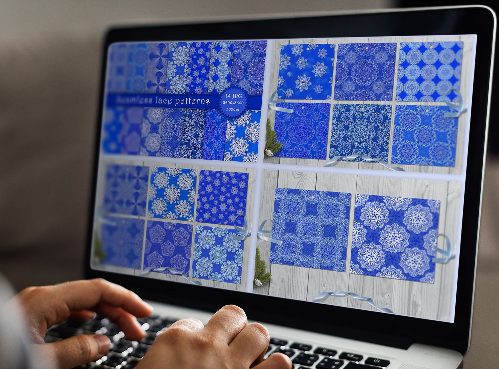 A set of 4 different white-blue seamless lace patterns on the macbook mockup.