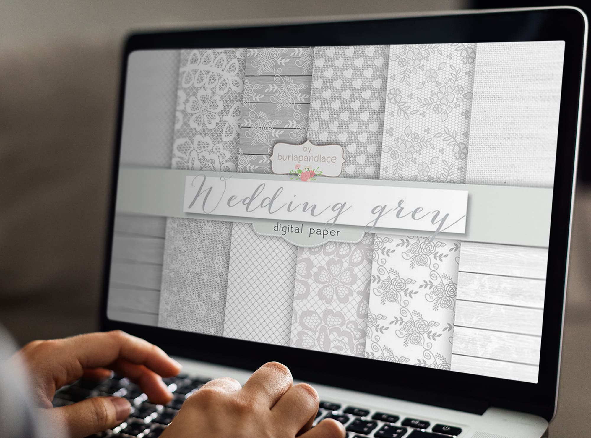 Grey Wedding Digital Paper Pack on the MacBook Mockup.