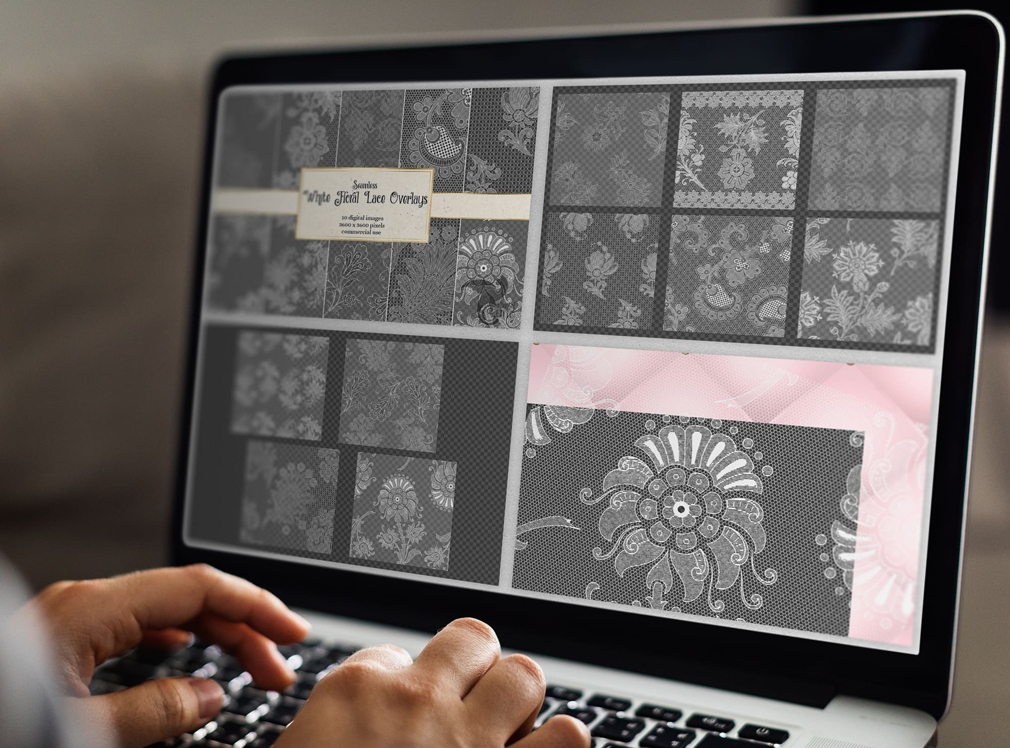White Floral Lace Overlays on the MacBook Mockup.