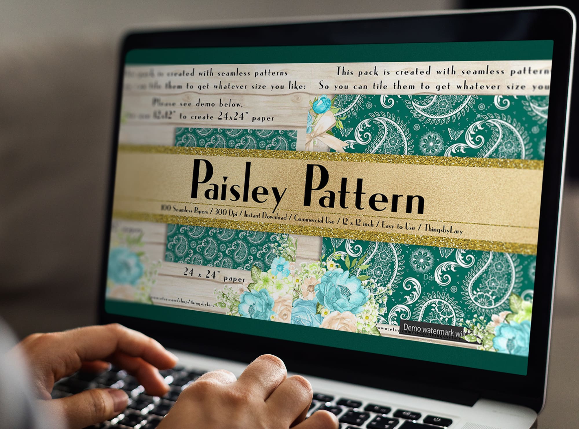 100 Seamless White Lace Paisley Digital Papers on the MacBook Mockup.