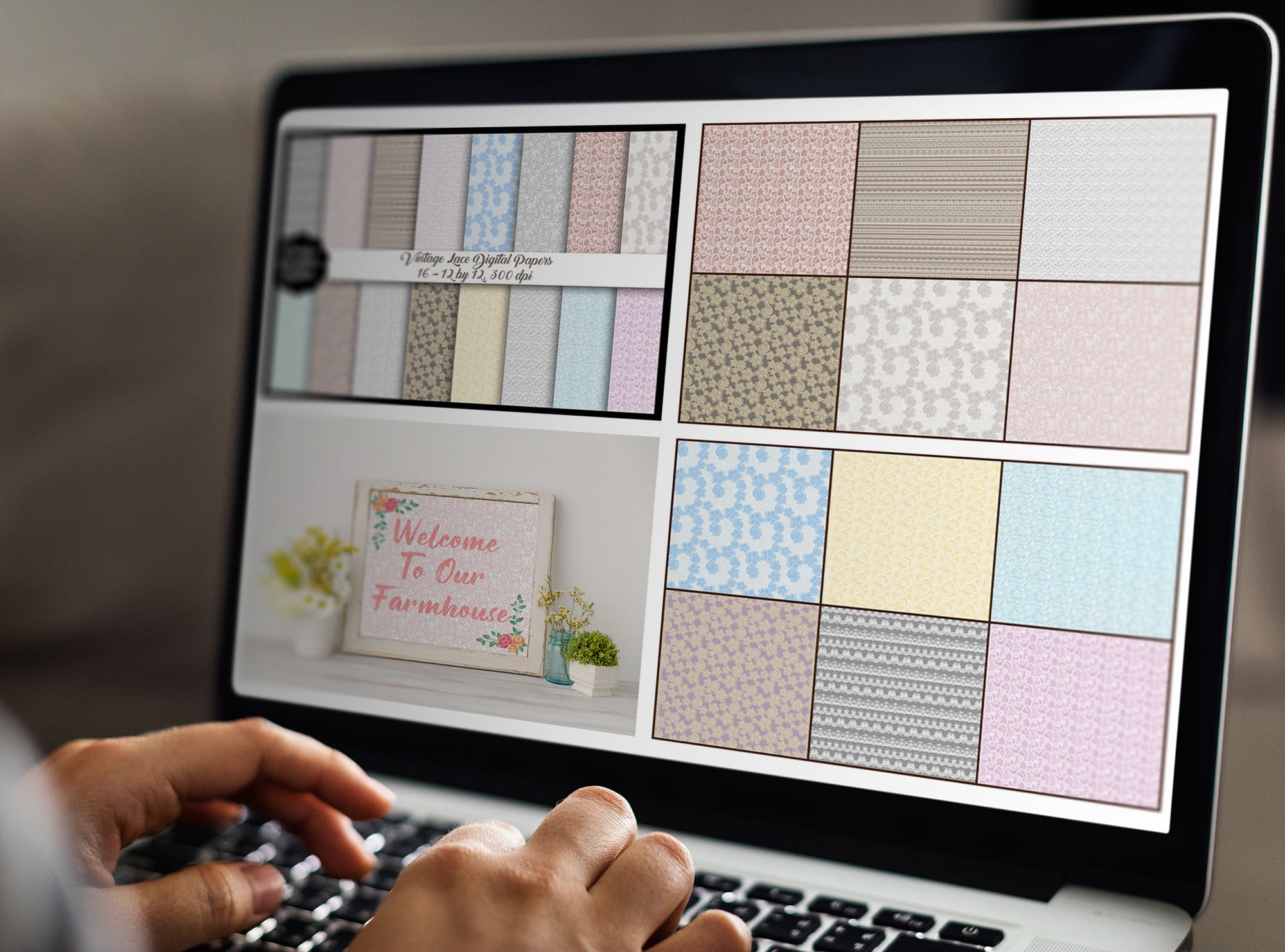 Vintage Lace Digital Papers, Shabby Chic Backgrounds on the MacBook Mockup.