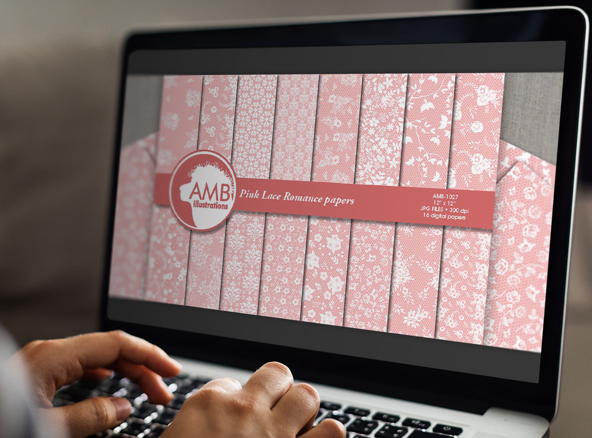 Pink Lace Papers AMB-1027 on the MacBook Mockup.