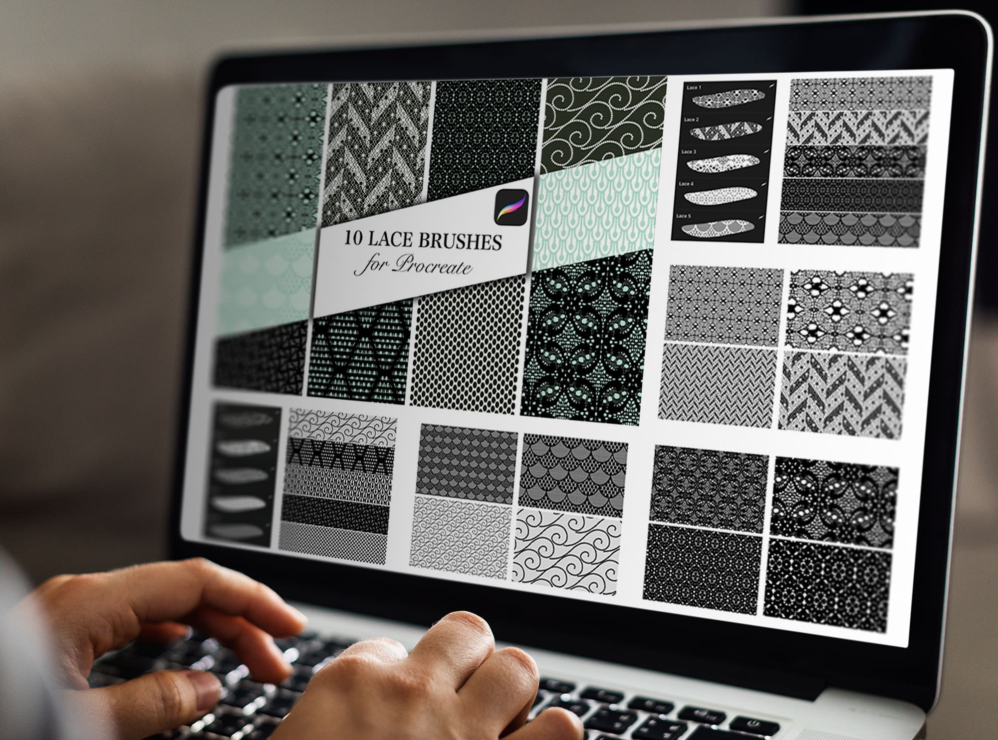 Lace Brushes For Procreate, Seamless Lace Brushes For IPad on the MacBook Mockup.