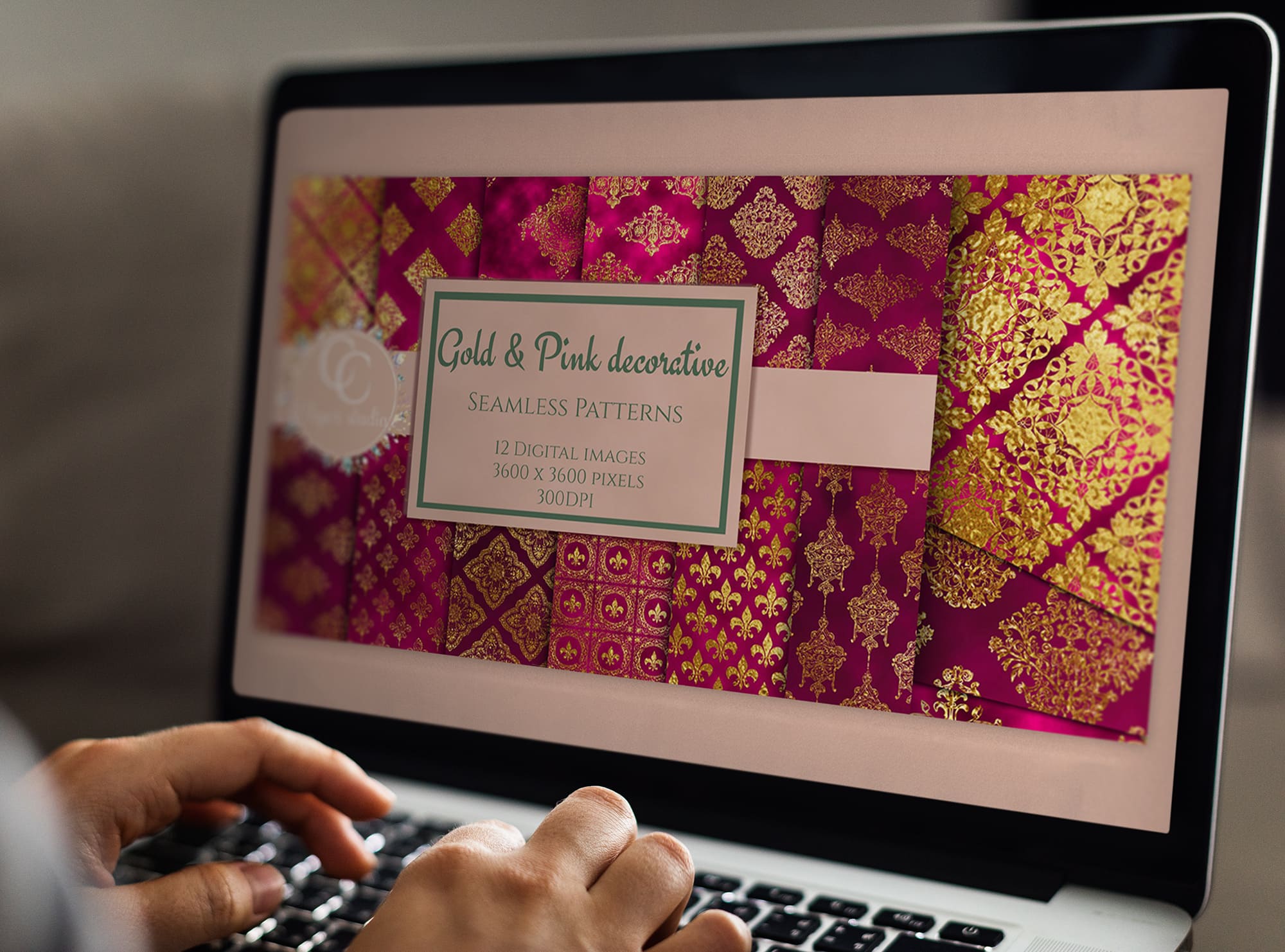 Digital paper - Pink & Gold Damask on the MacBook Mockup.