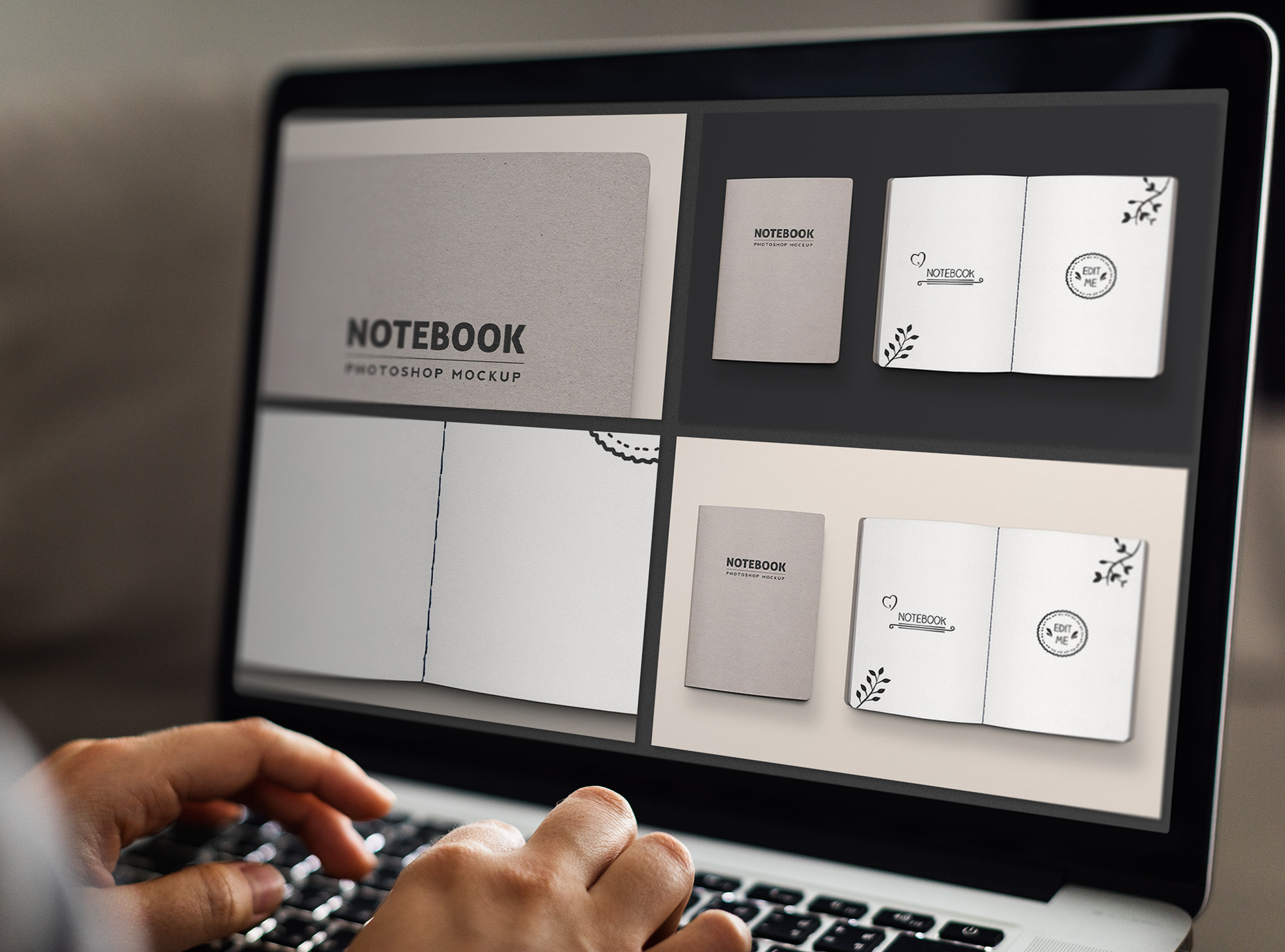 Laptop on screen with images of colorful stitched notebook mockups.