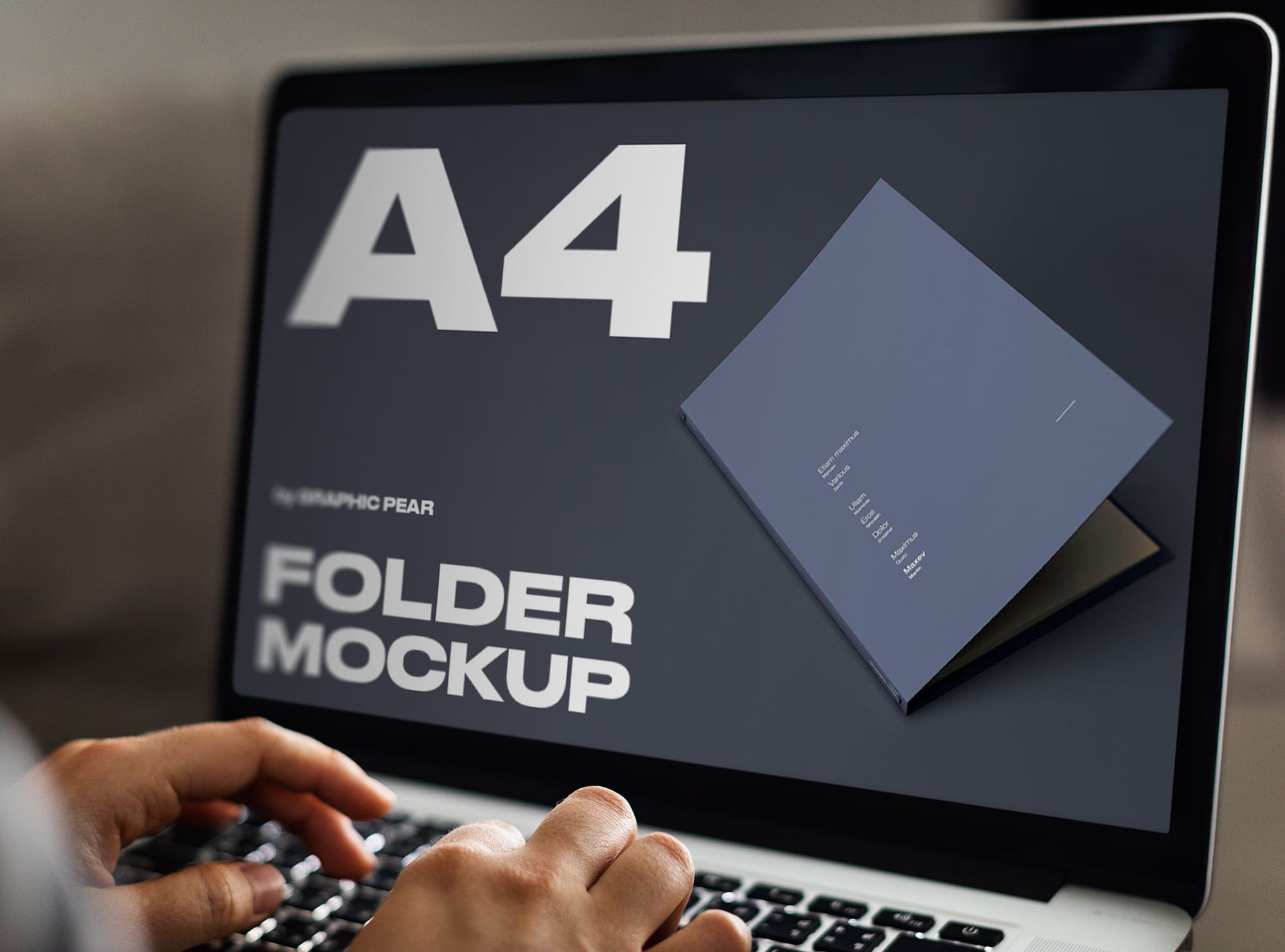 Laptop on screen with lovely A4 folder mockup images.